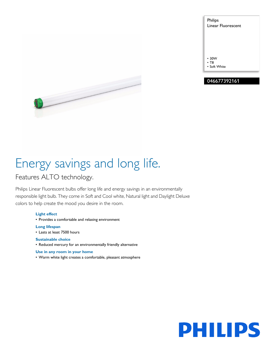 Philips Linear Fluorescent 046677392161 30W T8 Soft White User Manual | 2 pages