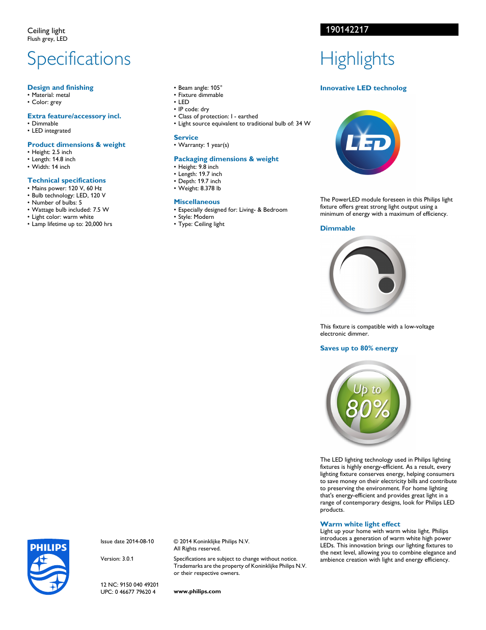 Specifications, Highlights | Philips 190142217 User Manual | Page 2 / 2