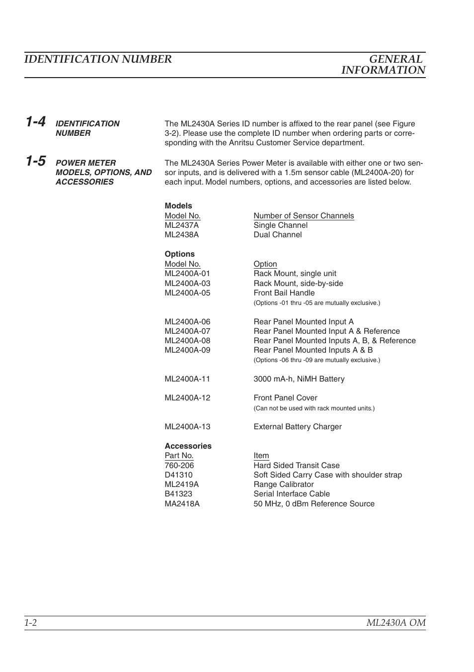 Identification number -2, Power meter models, options, and accessories -2, Identification number general information | Anritsu ML2430A User Manual | Page 10 / 271