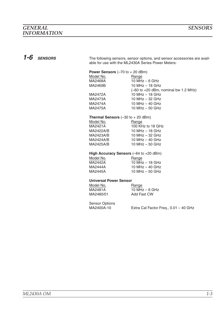 Sensors -3/1-4, General sensors information | Anritsu ML2430A User Manual | Page 11 / 271