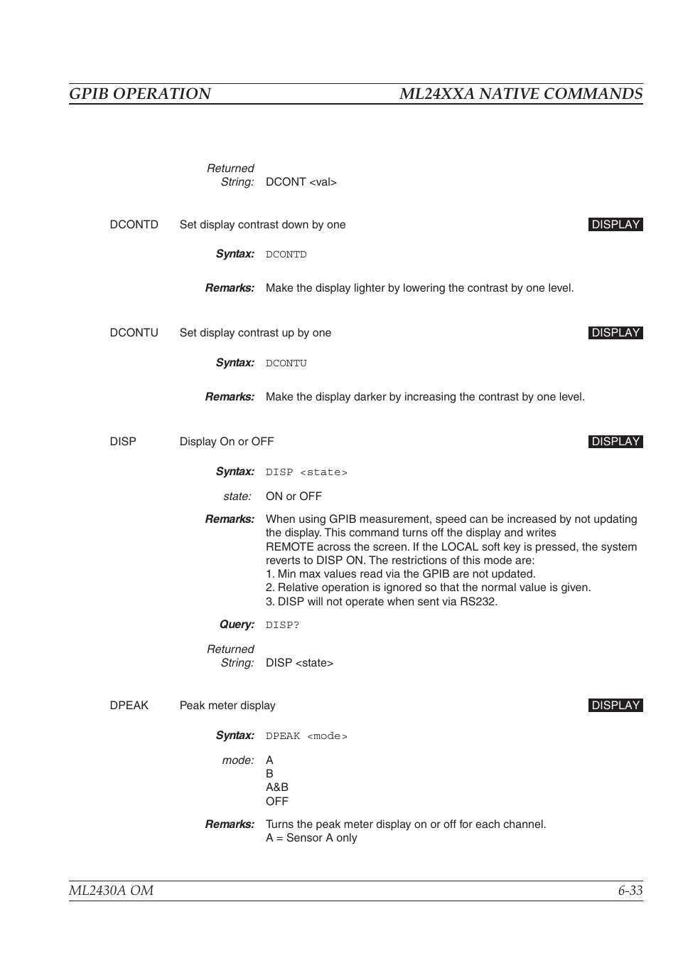 Gpib operation ml24xxa native commands | Anritsu ML2430A User Manual | Page 120 / 271