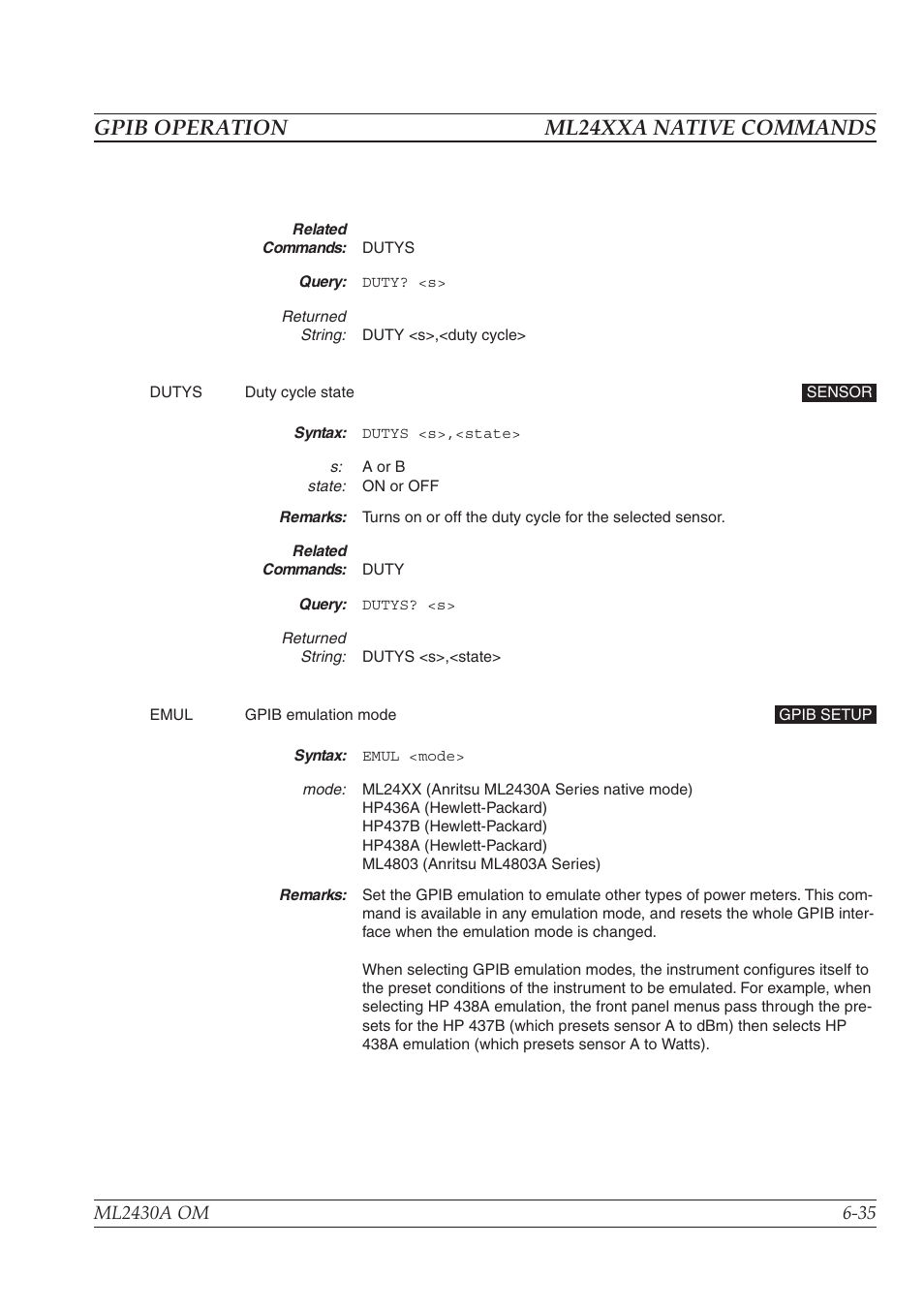 Gpib operation ml24xxa native commands | Anritsu ML2430A User Manual | Page 122 / 271