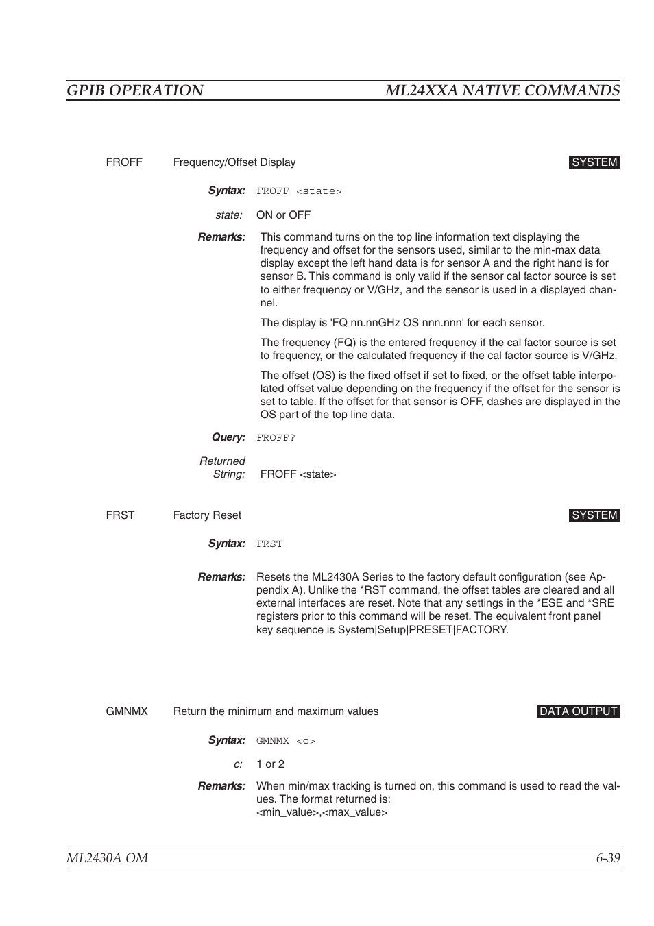 Gpib operation ml24xxa native commands | Anritsu ML2430A User Manual | Page 126 / 271