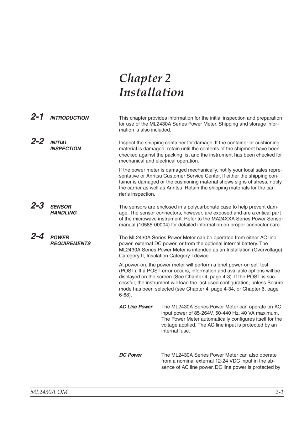 Chapter 2, Chapter 2 installation | Anritsu ML2430A User Manual | Page 13 / 271