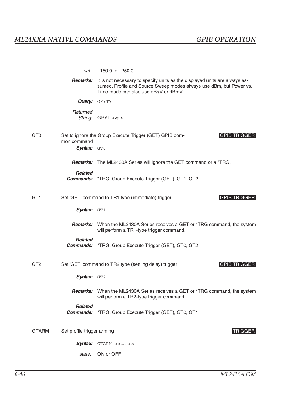 Ml24xxa native commands gpib operation | Anritsu ML2430A User Manual | Page 133 / 271