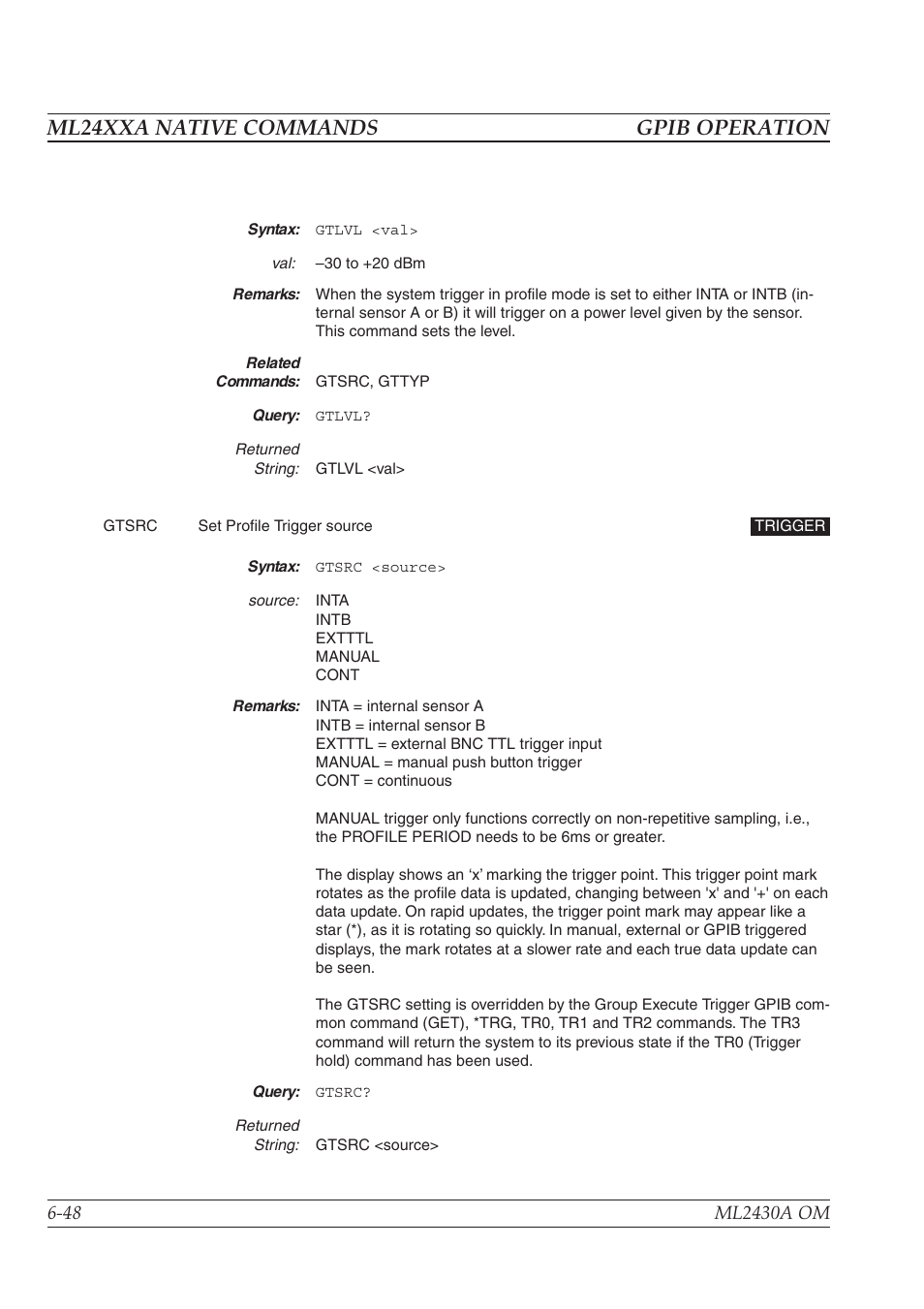 Ml24xxa native commands gpib operation | Anritsu ML2430A User Manual | Page 135 / 271