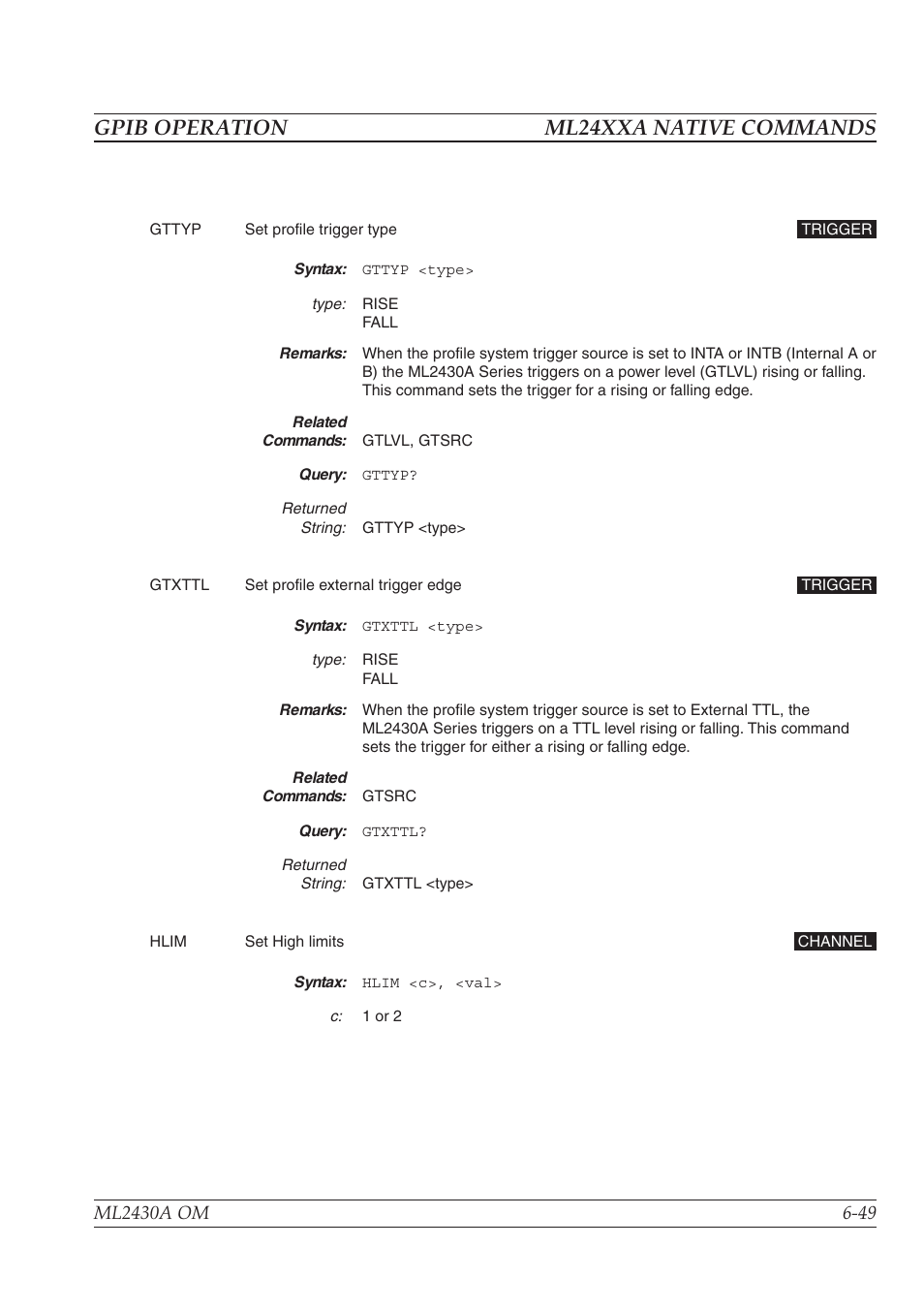 Gpib operation ml24xxa native commands | Anritsu ML2430A User Manual | Page 136 / 271