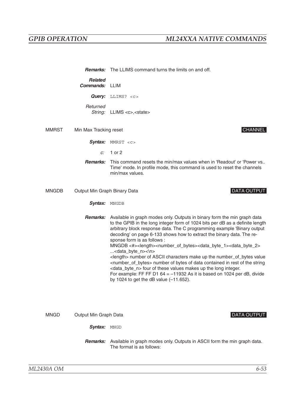 Gpib operation ml24xxa native commands | Anritsu ML2430A User Manual | Page 140 / 271
