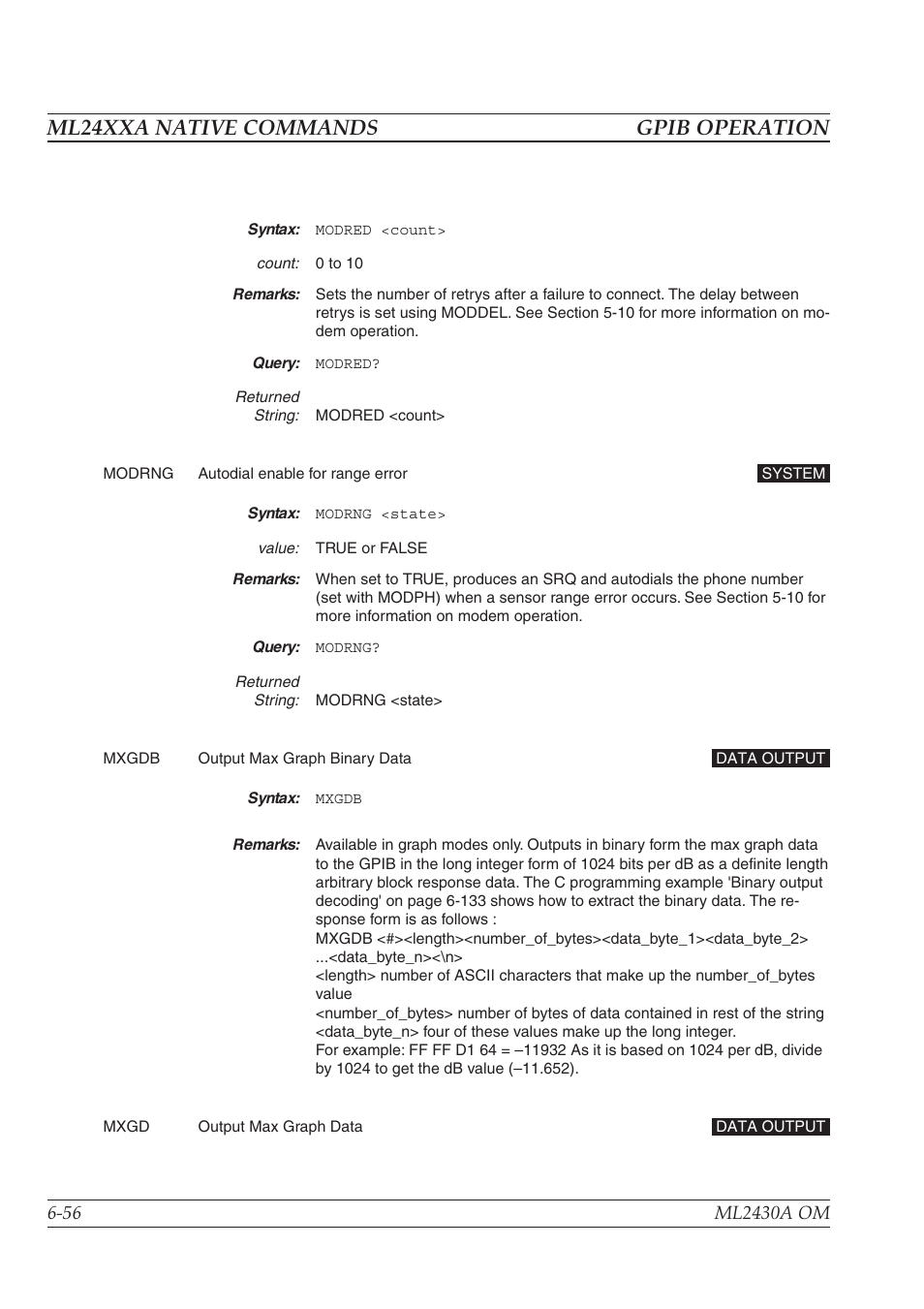 Ml24xxa native commands gpib operation | Anritsu ML2430A User Manual | Page 143 / 271