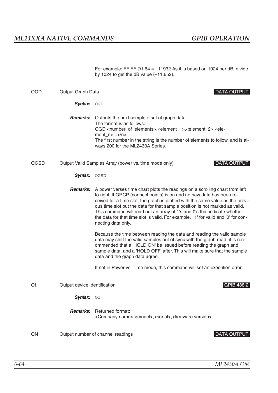 Ml24xxa native commands gpib operation | Anritsu ML2430A User Manual | Page 151 / 271