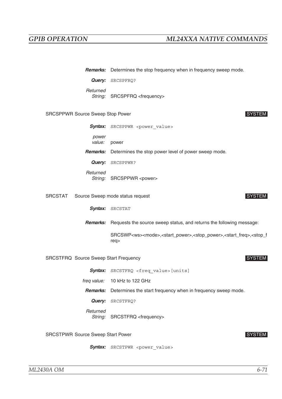 Gpib operation ml24xxa native commands | Anritsu ML2430A User Manual | Page 158 / 271