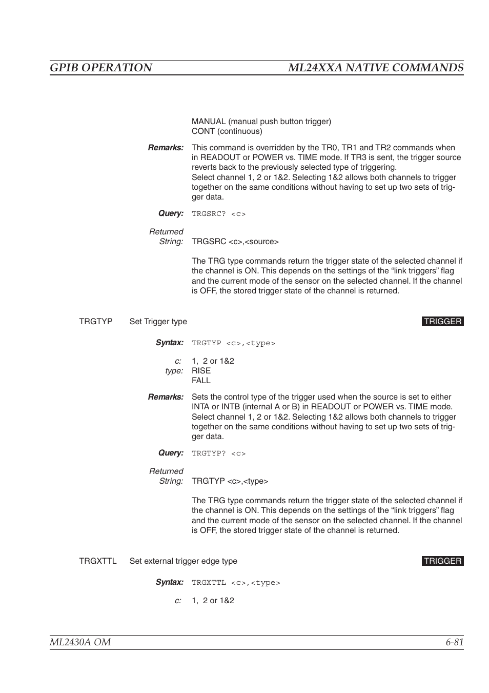 Gpib operation ml24xxa native commands | Anritsu ML2430A User Manual | Page 168 / 271