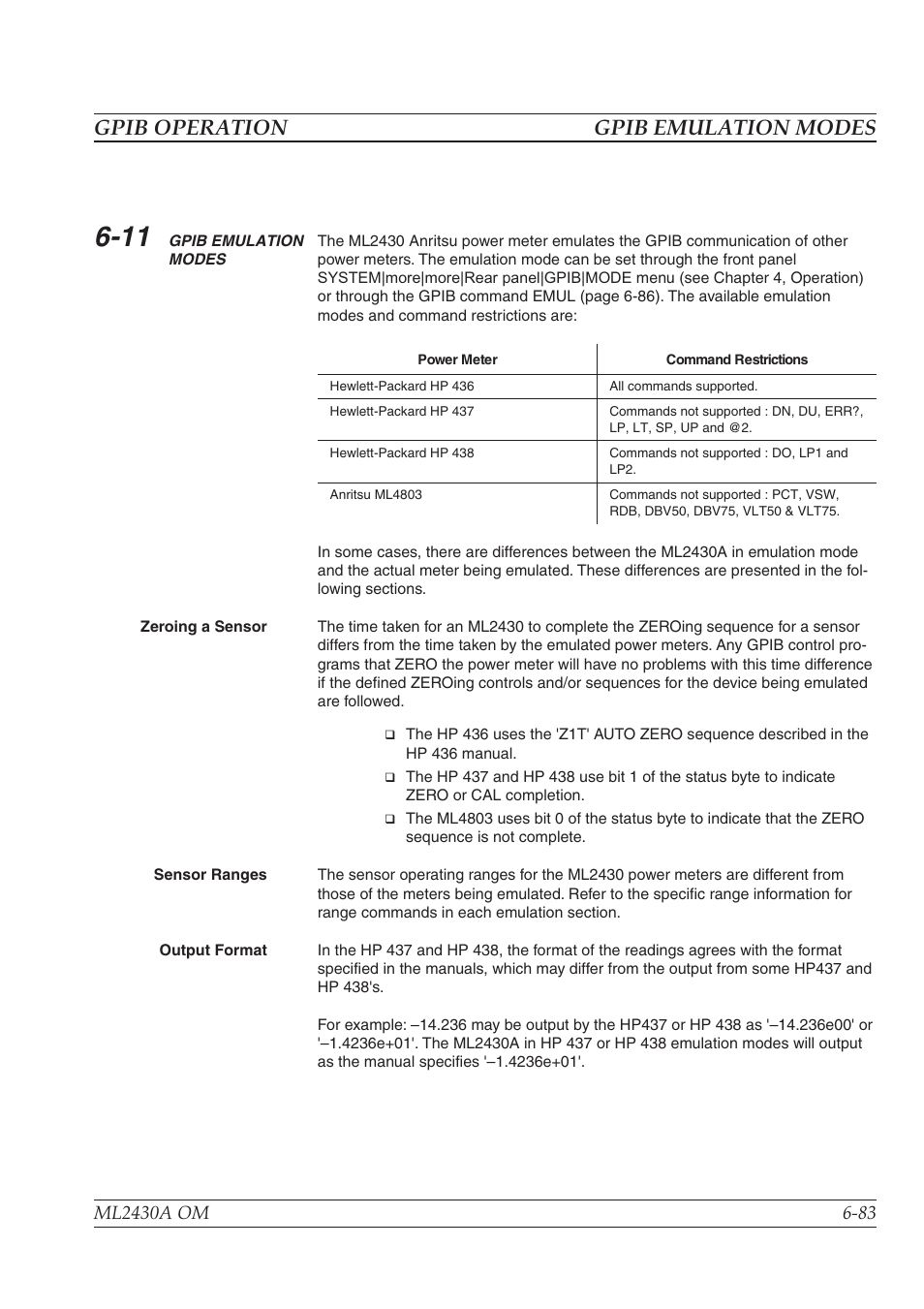 Ml4803a emulation commands -85, Gpib operation gpib emulation modes | Anritsu ML2430A User Manual | Page 170 / 271