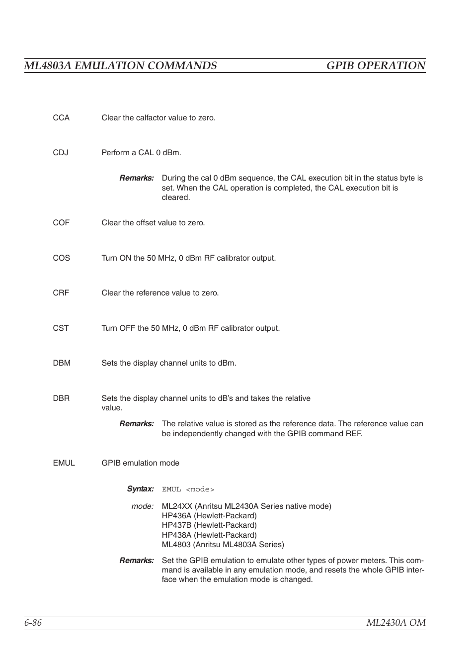 Ml4803a emulation commands gpib operation | Anritsu ML2430A User Manual | Page 173 / 271