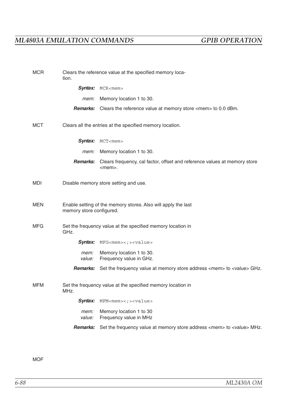 Ml4803a emulation commands gpib operation | Anritsu ML2430A User Manual | Page 175 / 271