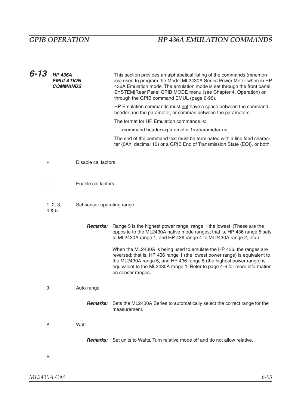 Gpib operation hp 436a emulation commands | Anritsu ML2430A User Manual | Page 182 / 271