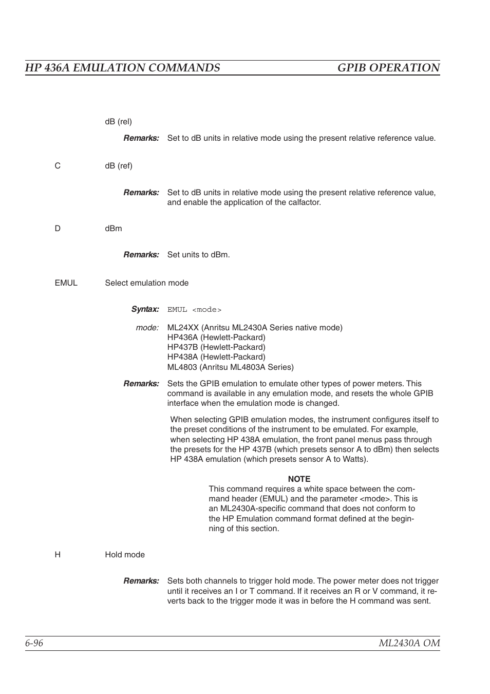 Hp 436a emulation commands gpib operation | Anritsu ML2430A User Manual | Page 183 / 271