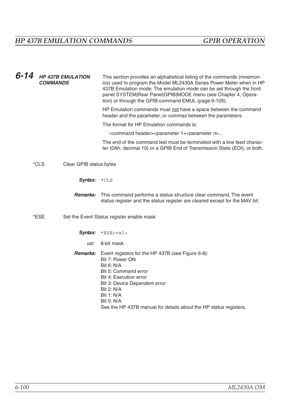 Hp 437b emulation commands gpib operation | Anritsu ML2430A User Manual | Page 187 / 271