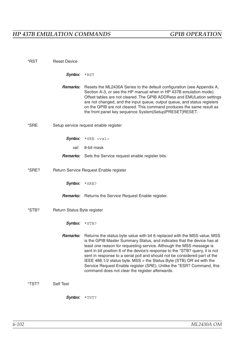 Hp 437b emulation commands gpib operation | Anritsu ML2430A User Manual | Page 189 / 271