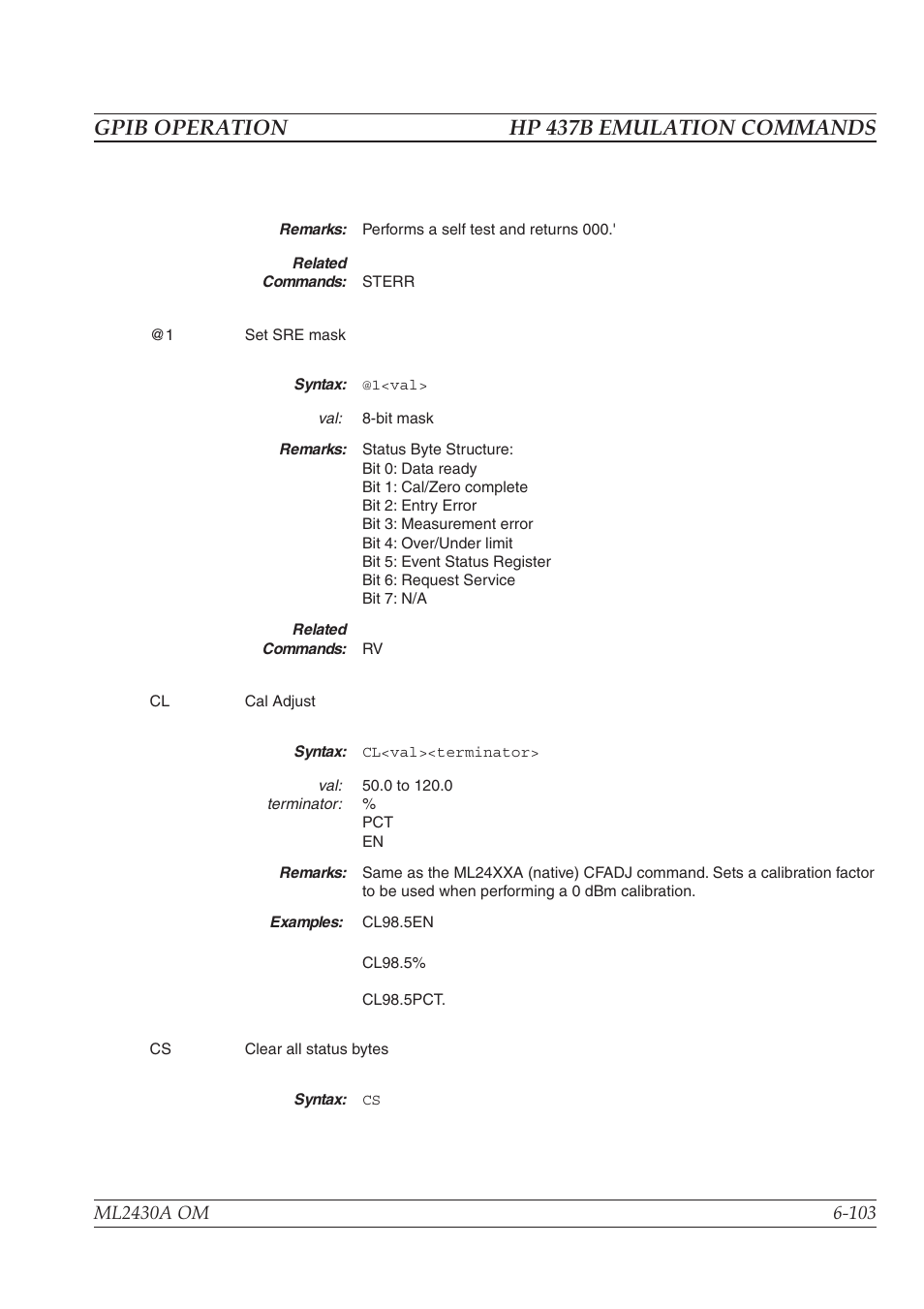 Gpib operation hp 437b emulation commands | Anritsu ML2430A User Manual | Page 190 / 271