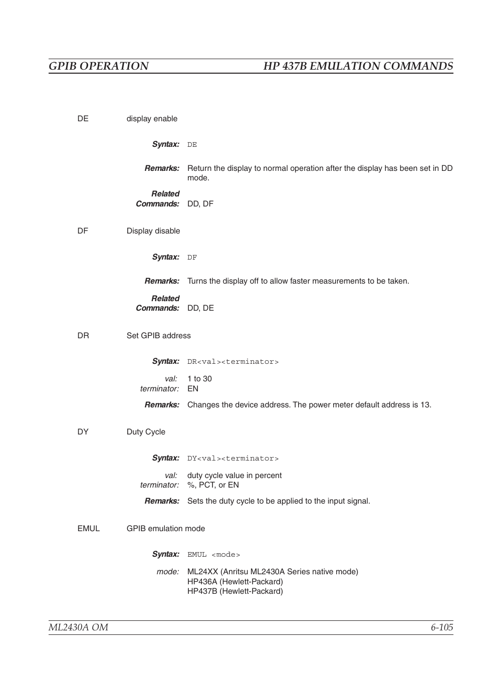Gpib operation hp 437b emulation commands | Anritsu ML2430A User Manual | Page 192 / 271