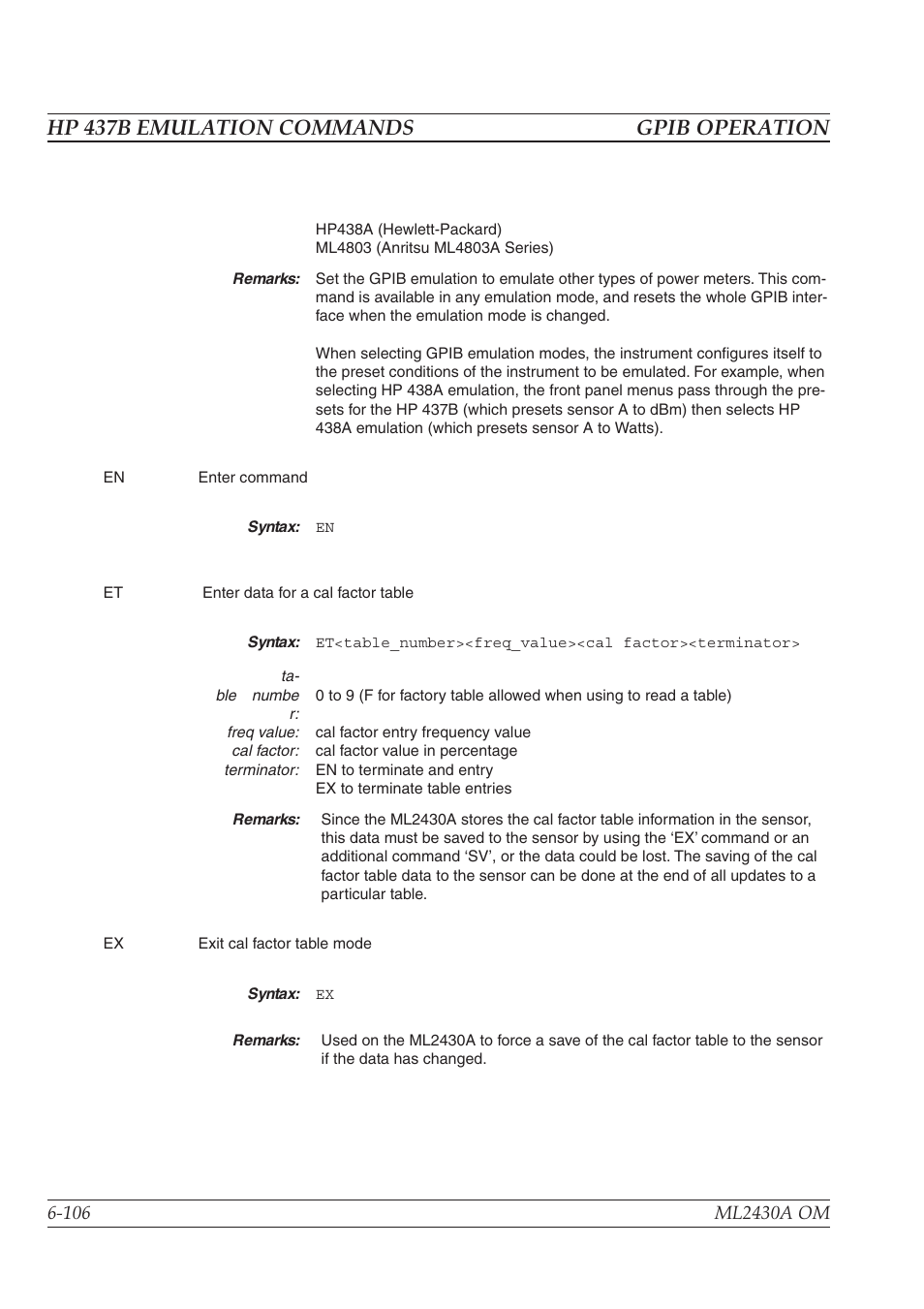 Hp 437b emulation commands gpib operation | Anritsu ML2430A User Manual | Page 193 / 271