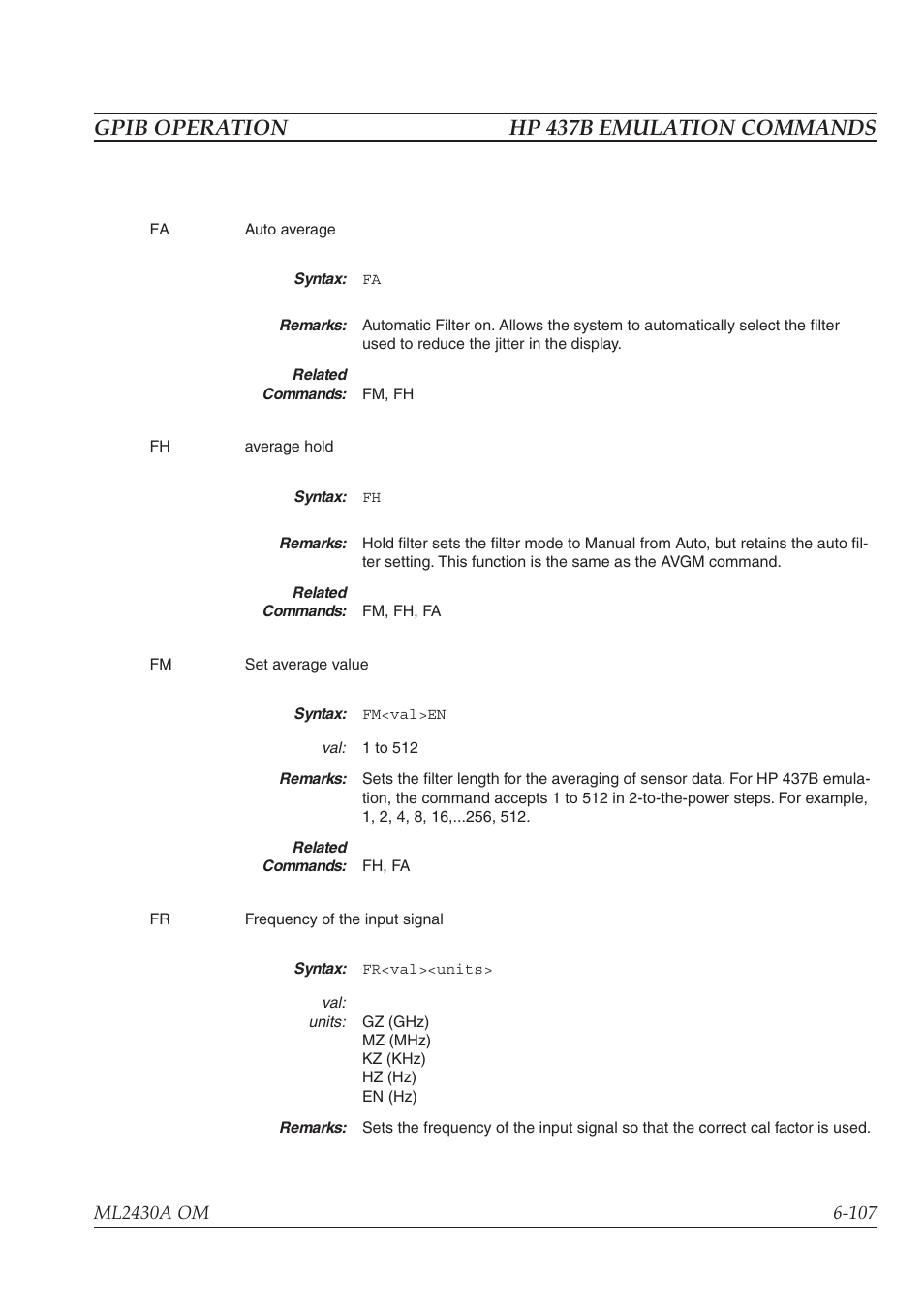 Gpib operation hp 437b emulation commands | Anritsu ML2430A User Manual | Page 194 / 271