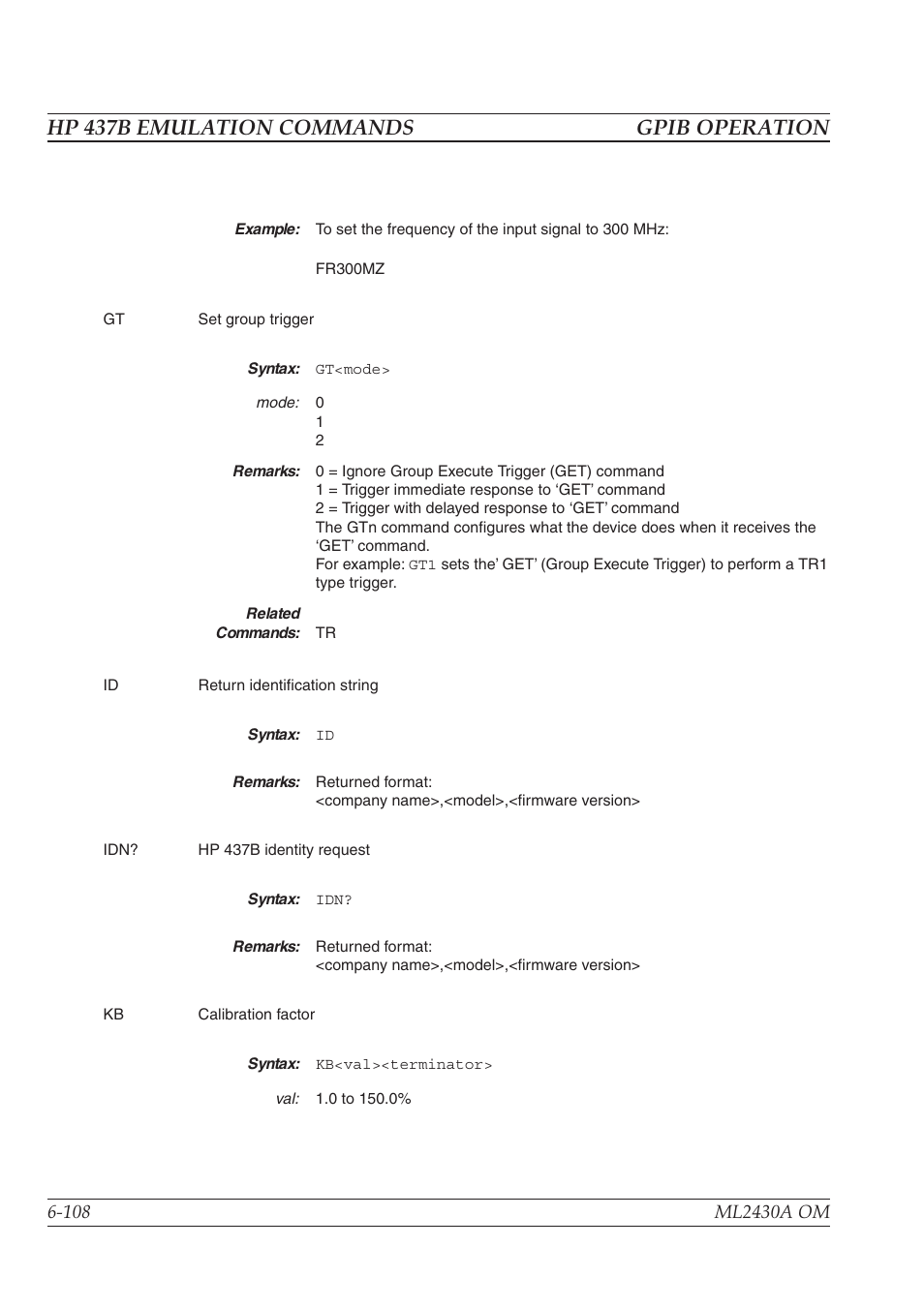 Hp 437b emulation commands gpib operation | Anritsu ML2430A User Manual | Page 195 / 271