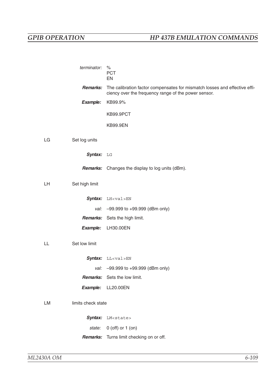 Gpib operation hp 437b emulation commands | Anritsu ML2430A User Manual | Page 196 / 271