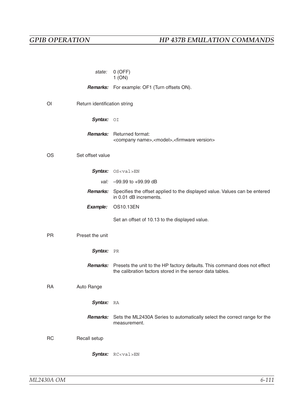 Gpib operation hp 437b emulation commands | Anritsu ML2430A User Manual | Page 198 / 271