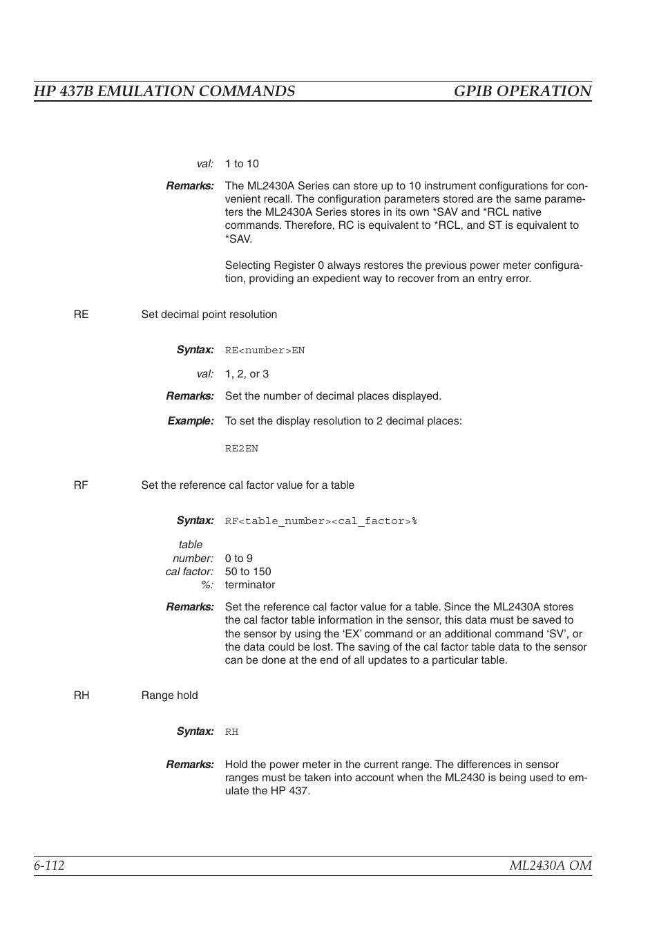 Hp 437b emulation commands gpib operation | Anritsu ML2430A User Manual | Page 199 / 271