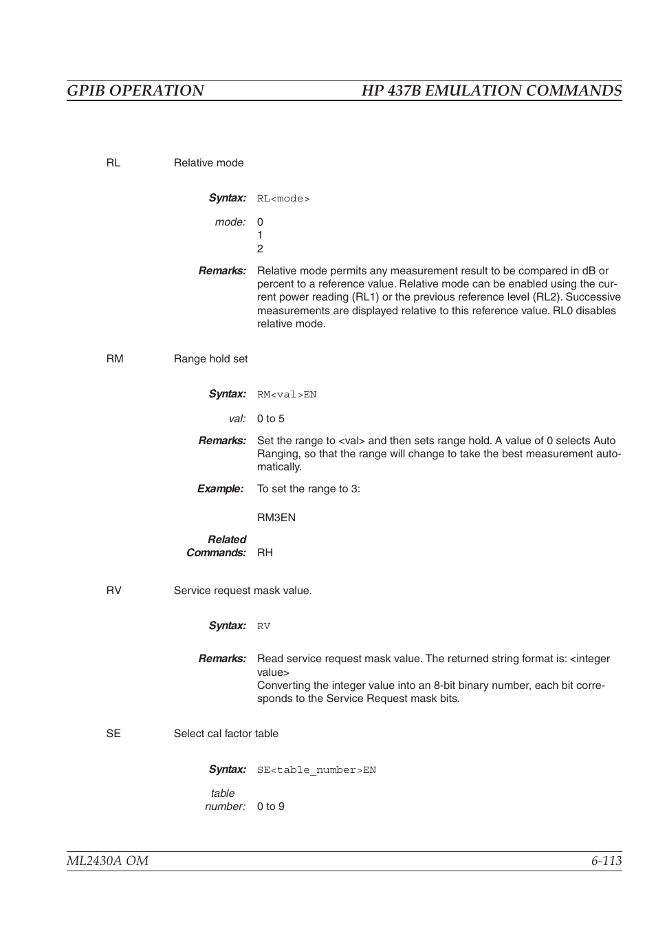 Gpib operation hp 437b emulation commands | Anritsu ML2430A User Manual | Page 200 / 271