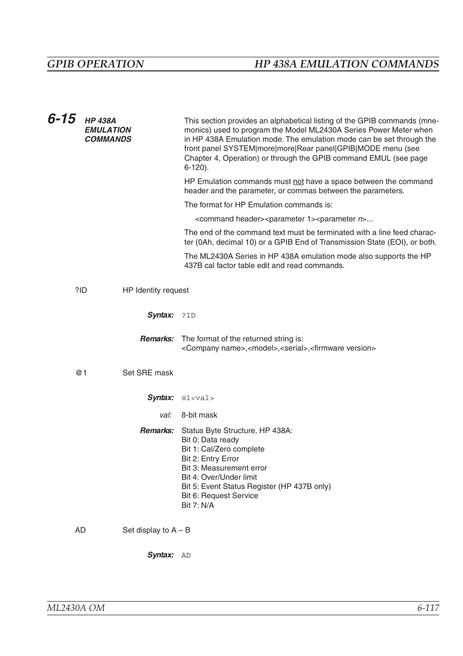 Gpib operation hp 438a emulation commands | Anritsu ML2430A User Manual | Page 204 / 271