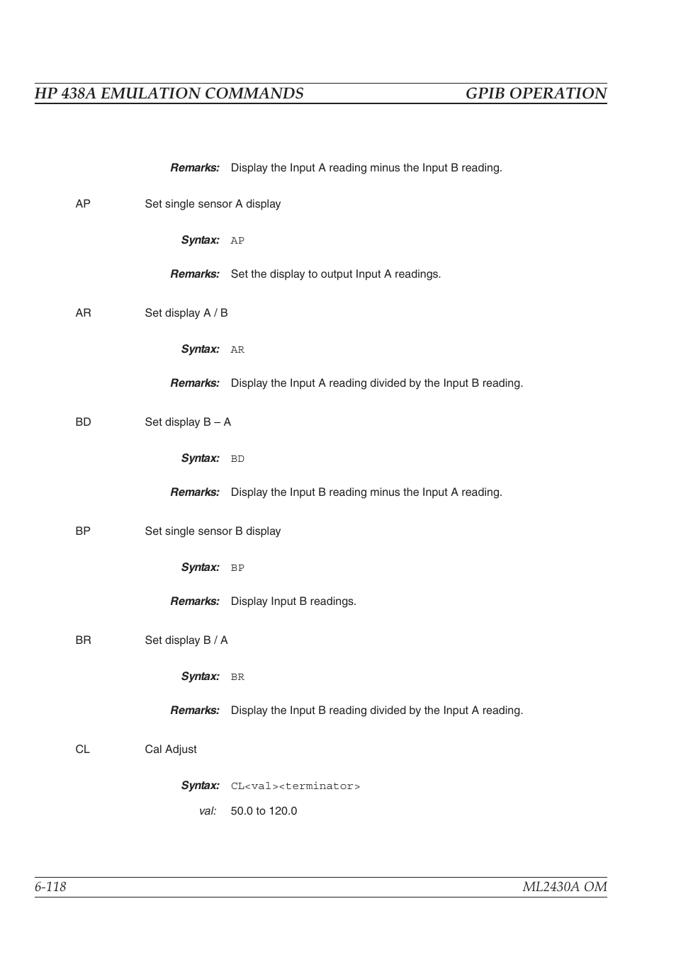 Hp 438a emulation commands gpib operation | Anritsu ML2430A User Manual | Page 205 / 271