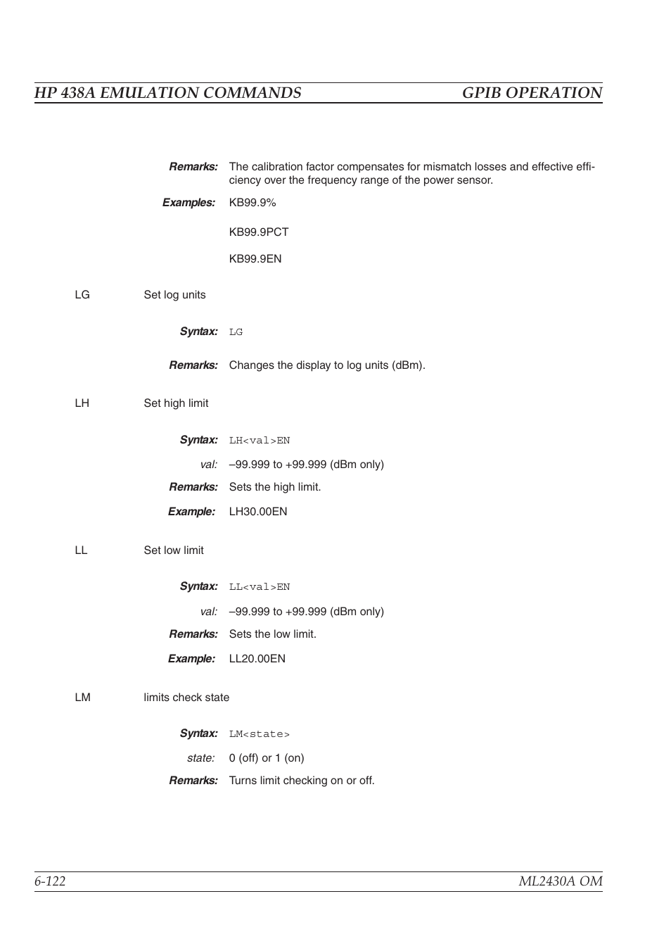 Hp 438a emulation commands gpib operation | Anritsu ML2430A User Manual | Page 209 / 271