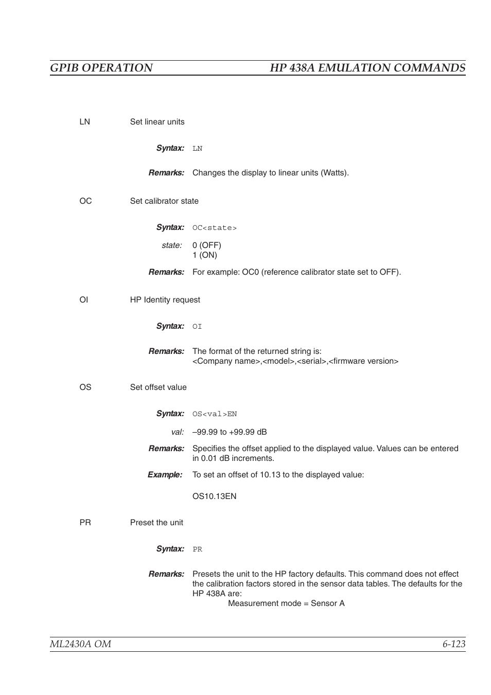 Gpib operation hp 438a emulation commands | Anritsu ML2430A User Manual | Page 210 / 271
