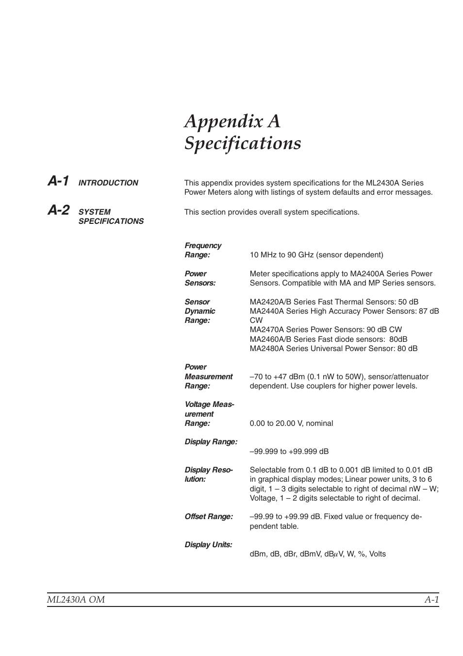 Appendix a, Appendix a specifications | Anritsu ML2430A User Manual | Page 223 / 271