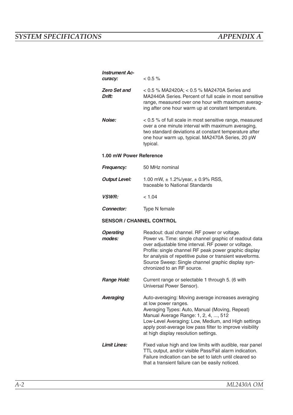 System specifications appendix a | Anritsu ML2430A User Manual | Page 224 / 271