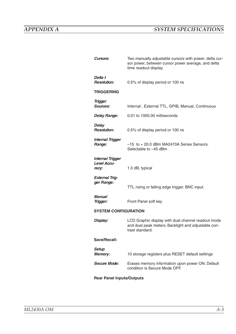 Appendix a system specifications | Anritsu ML2430A User Manual | Page 225 / 271