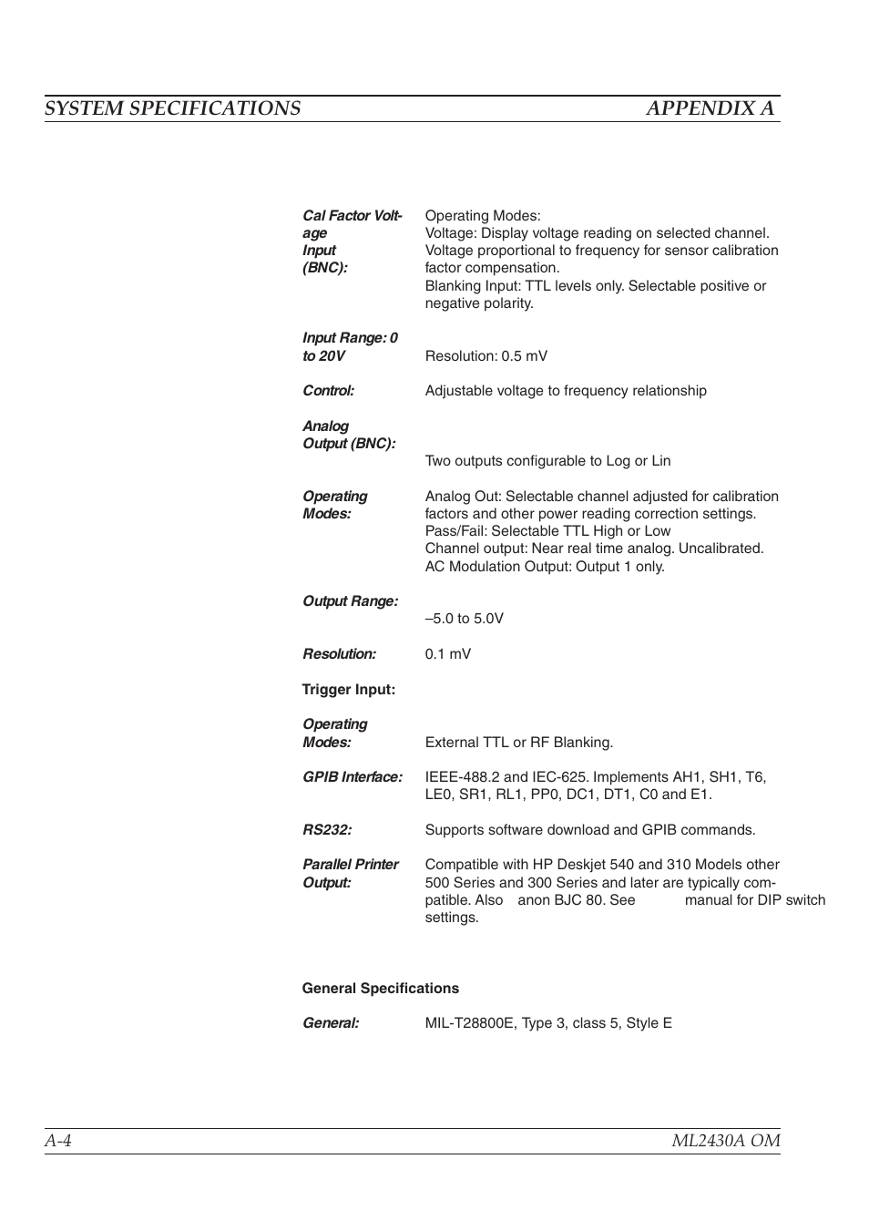 System specifications appendix a | Anritsu ML2430A User Manual | Page 226 / 271