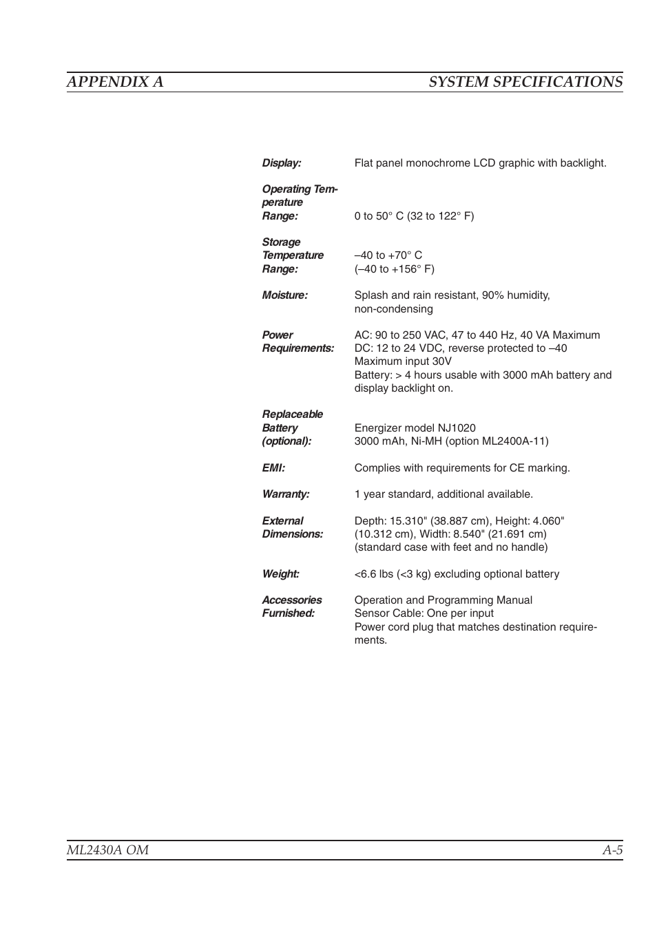 Appendix a system specifications | Anritsu ML2430A User Manual | Page 227 / 271
