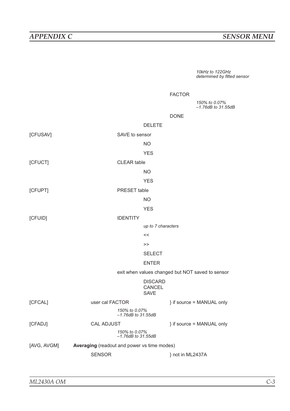 Appendix c sensor menu | Anritsu ML2430A User Manual | Page 256 / 271