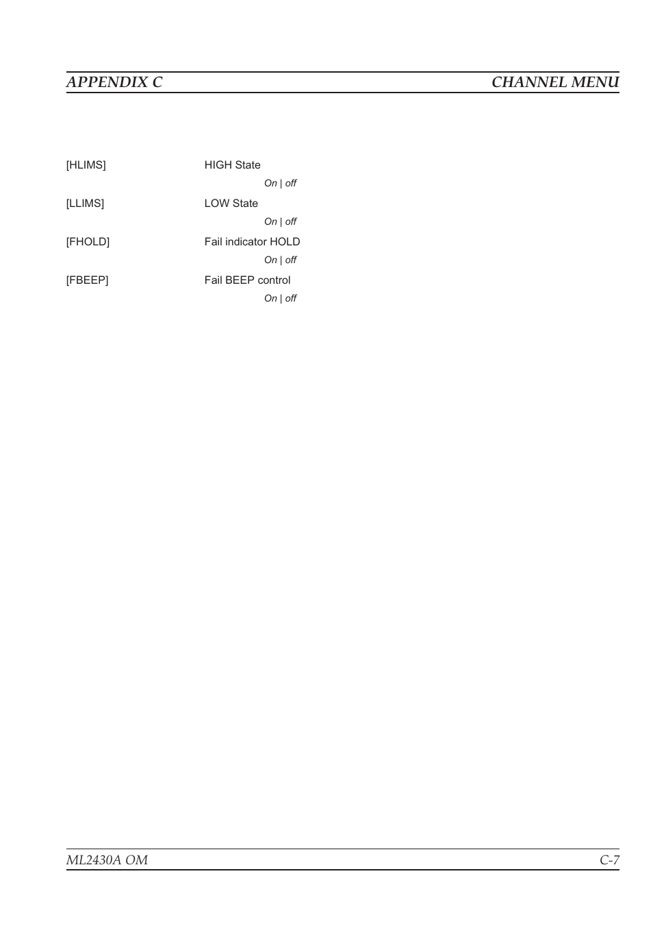 Appendix c channel menu | Anritsu ML2430A User Manual | Page 260 / 271
