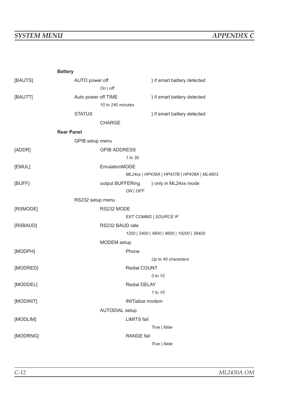 System menu appendix c | Anritsu ML2430A User Manual | Page 265 / 271