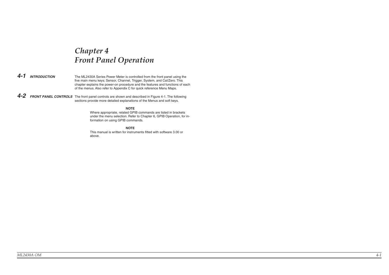 Chapter 4, Chapter 4 front panel operation | Anritsu ML2430A User Manual | Page 29 / 271