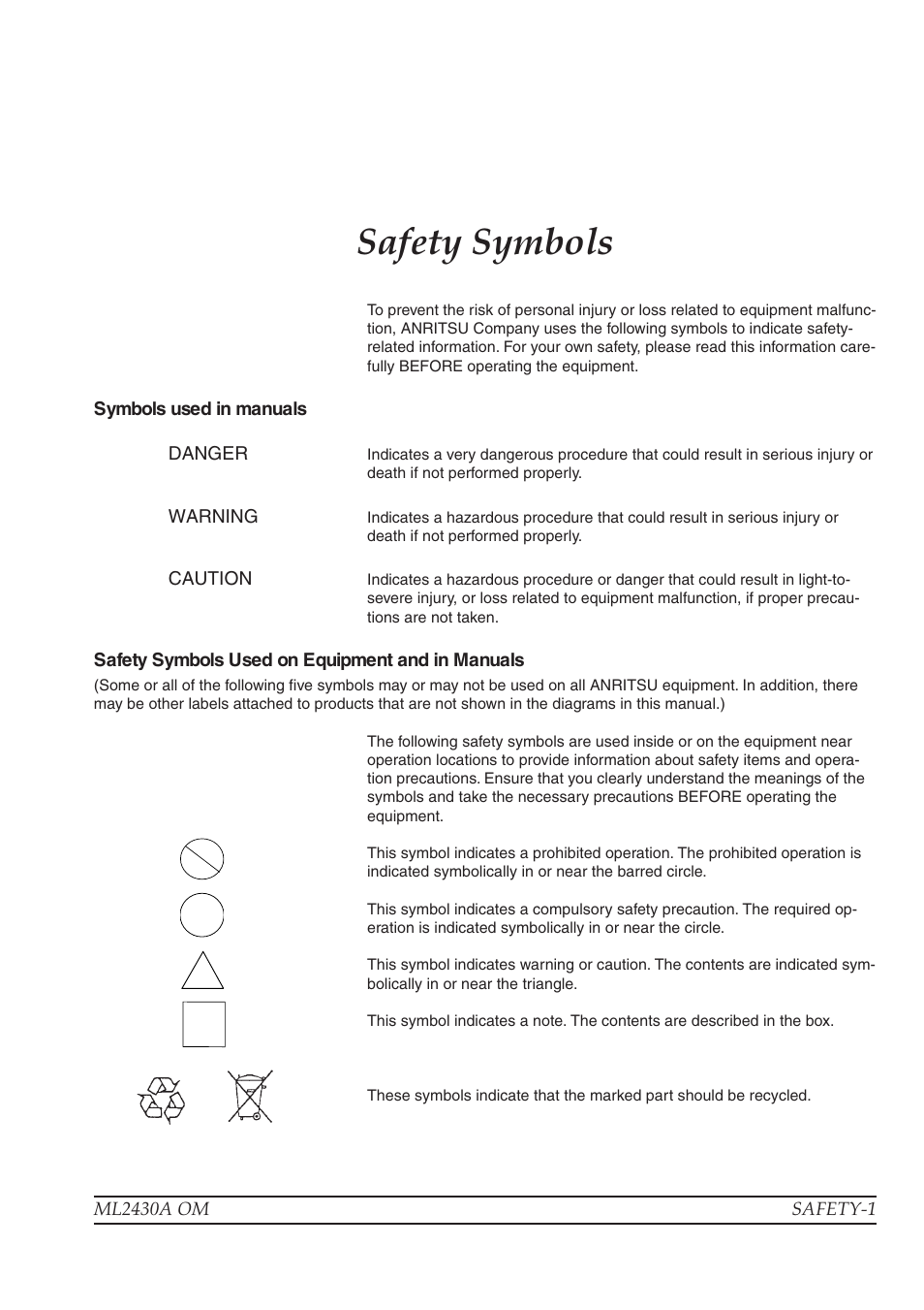 Safety symbols | Anritsu ML2430A User Manual | Page 3 / 271