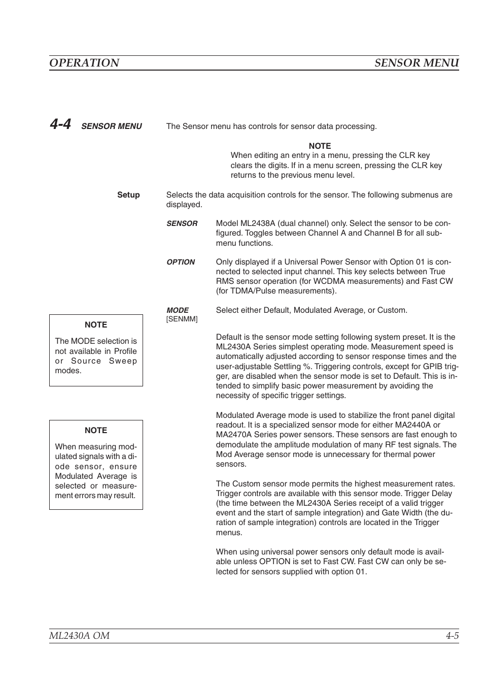 Operation sensor menu | Anritsu ML2430A User Manual | Page 33 / 271