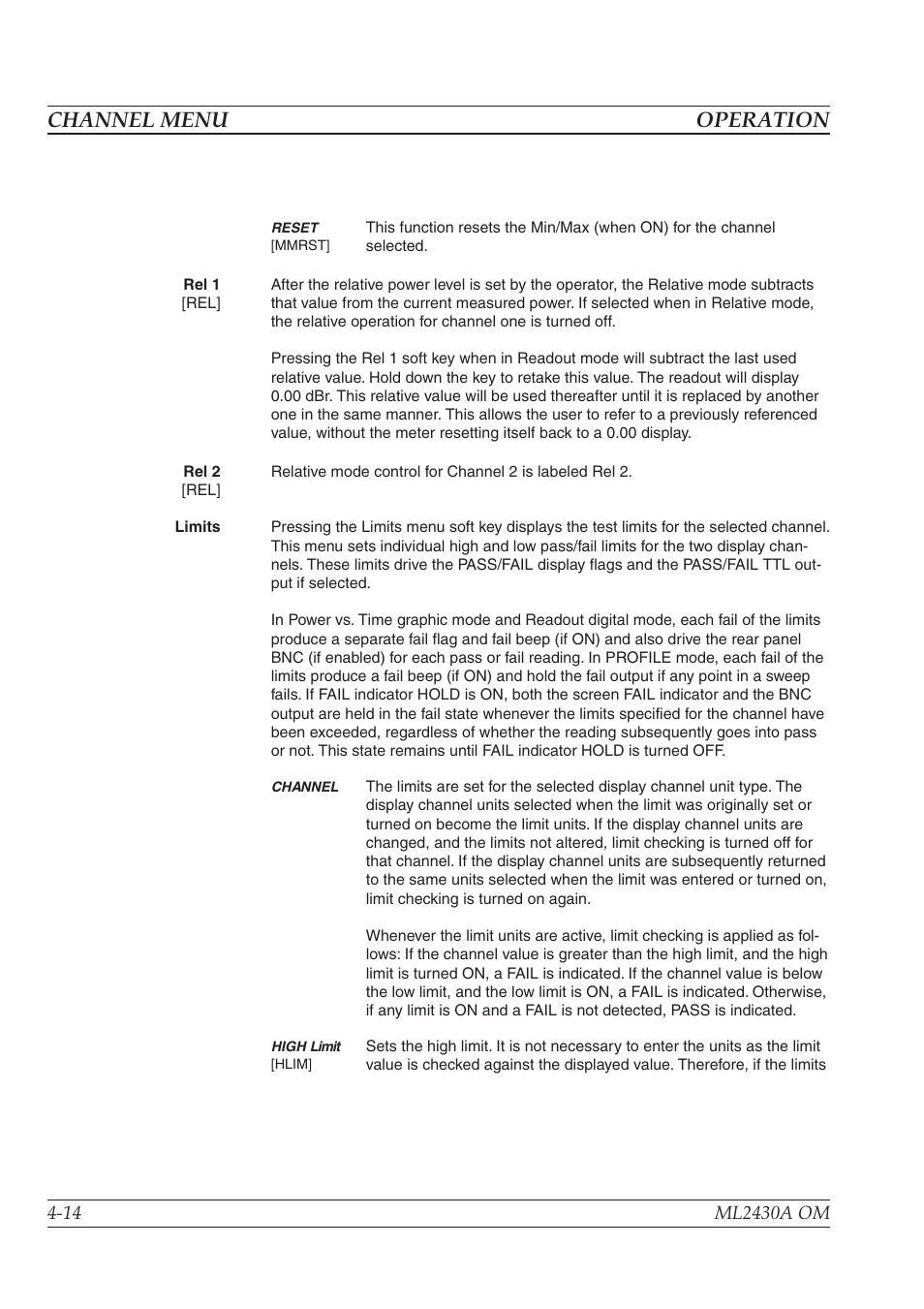 Channel menu operation | Anritsu ML2430A User Manual | Page 42 / 271