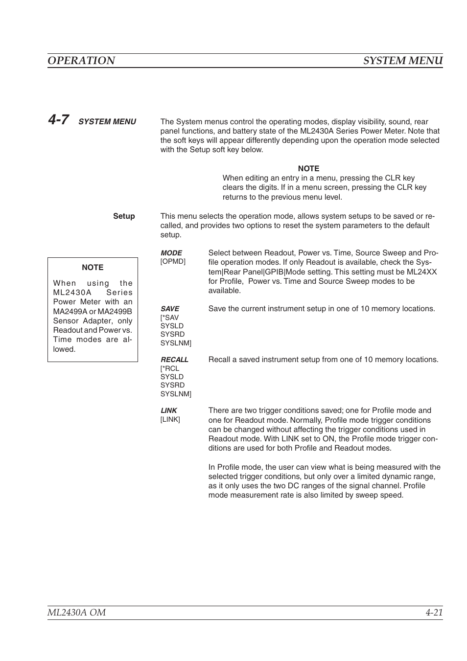 Operation system menu | Anritsu ML2430A User Manual | Page 49 / 271