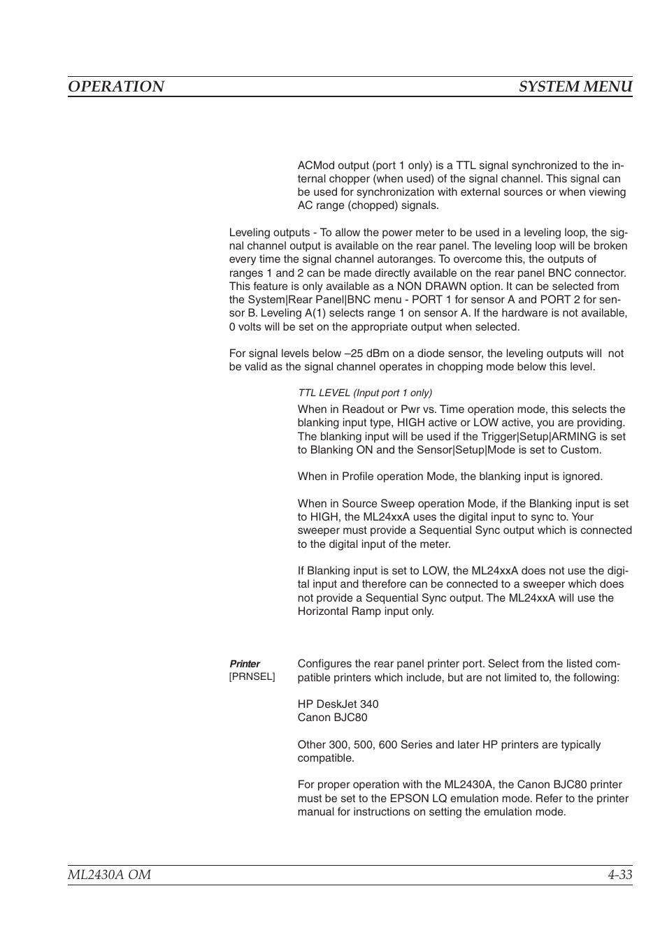 Chapter 5 - procedures, Introduction -1, Power measurement -1 | Zeroing the sensor -1, Operation system menu | Anritsu ML2430A User Manual | Page 61 / 271